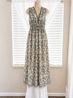 Max Studio Floral Sleeveless Smocked V-Neck Maxi Dress - White, Green, Pink